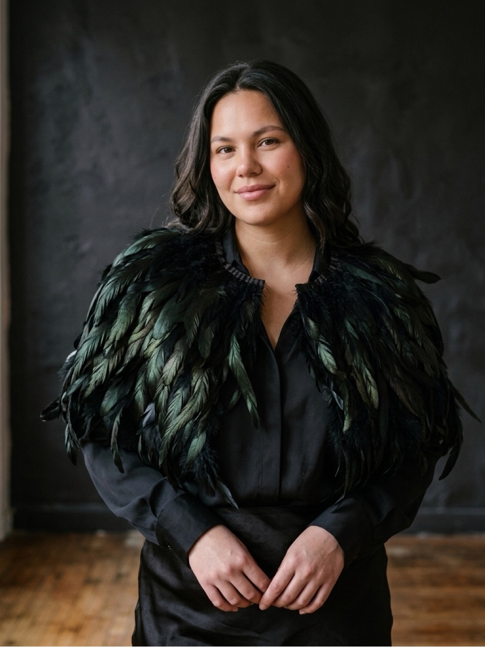 Iridescent Black Green Feather Cape Shawl Bolero Jacket Statement Piece OS